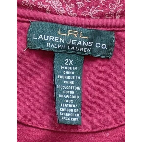 Ralph Lauren Jeans Co. Ruffled V-Neck Jersey Knit Laced Top Cranberry Floral 2X - Picture 9 of 10